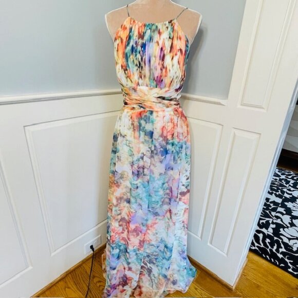 Aidan Mattox Watercolor Cutout Chiffon Maxi Gown Bridesmaid Halter Medium - Picture 3 of 10